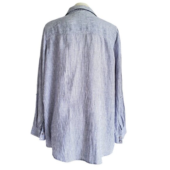 TAHARI 100% Linen Long Button Down Shirt Steel Blue and White Stripes Size L - Picture 4 of 15